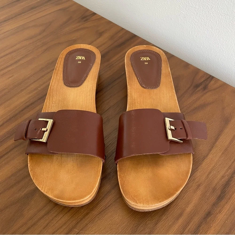 Zara flat leather sandals with wood effect soles cognac brown leather upper - Picture 2 of 11